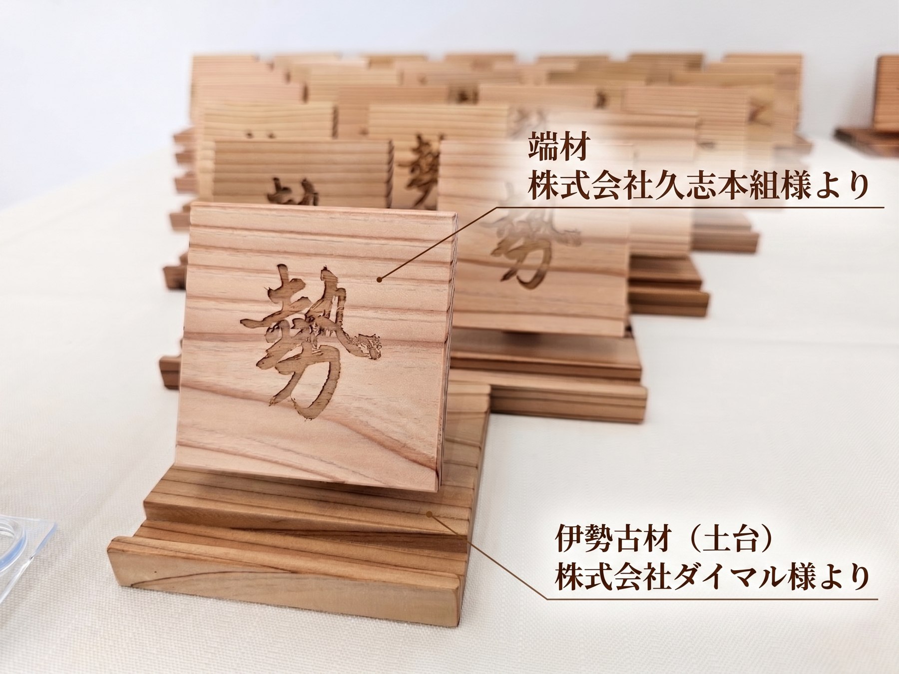 竣工記念ノベルティ「勢」の文字を刻印したスマホ置き 端材と伊勢古材の説明付き